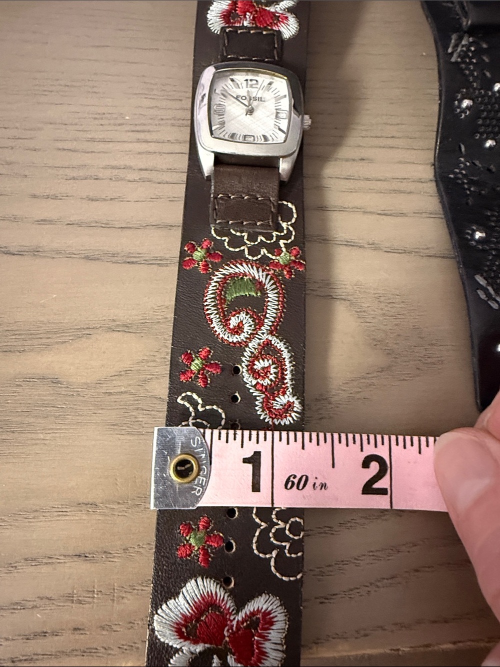 Embroidered Brown Leather Cuff Watch Band with Floral Detail - Picture 4 of 6